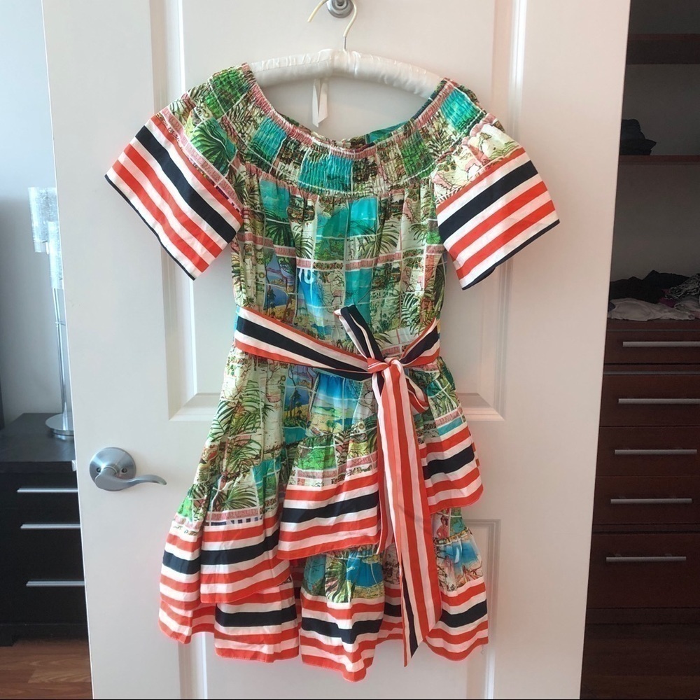 ASOS Off Shoulder Dress In Postcard And Stripe Print - Picture 2 of 16